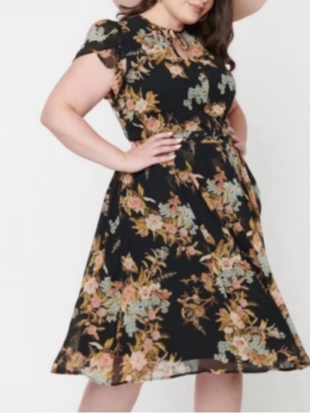Unique Vintage Black Floral with Pink & Light Blue Blooms Midi Dress